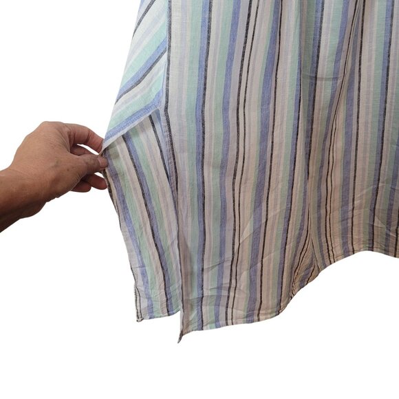 VINCE CAMUTO LINEN STRIPED RUFFLE STRAP DRESS SLEEVELESS MIDI AQUA ICE  Pockets - Picture 5 of 12